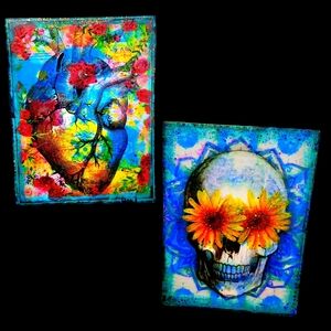 Anatomy and Flowers Reversible Art 2 in 1 Heart Sugar Skull Handmade Mixed Media